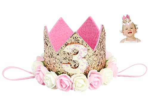 Hitopin 1 Stücke Geburtstag Baby Krone Mit der Nummer 3, Baby Princess Crown Geburtstagskrone Haarband Haarschmuck Prinzessin Geburtstagskrone Mädchen Haarband Baby Geburtstag Hut (Rosa) von Hitopin