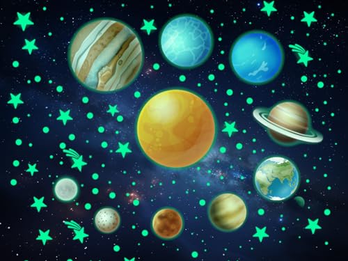 Hitopin 9 Planeten Wandsticker Leuchtaufkleber,Leuchtsterne Leuchtsticker Wandtattoo,Sonnensystem Sterne Fluoreszierend Wandaufkleber, Sternenhimmel Aufkleber Leuchtsticker, für Kinderzimmeraufkleber von Hitopin