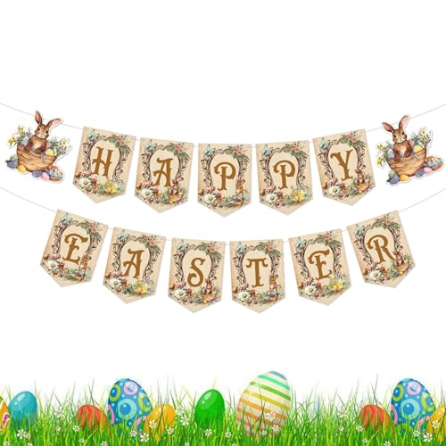 Hitrod Ostergirlande, Osterbanner-Flagge,Frohe Ostern Back Drop Bunny Chick Flag - Wiederverwendbare Frühlings-Ostern-Banner-Dekoration, Partydekoration, Banner, Stand-Requisiten von Hitrod