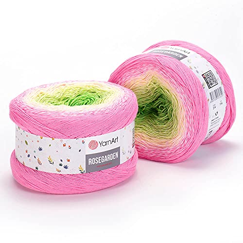 Yarnart Rosegarden Farbverlaufs-Baumwollgarn, jedes Knäuel 250 g / 1000 m, 100 % Baumwolle, super fino Kuchengarn, Fingergewicht zum Stricken und Häkeln, 314 - Pink Green von Hiveroots