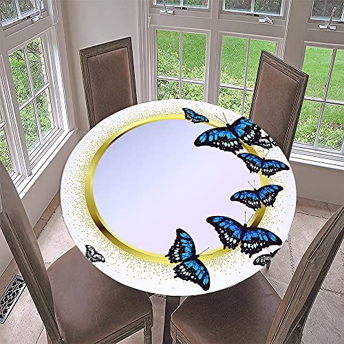 Hixingo 3D Schmetterling Tischdecke Abwaschbar Rund Tischdecken, Elastisch Gartentischdecke Tischtuch Indoor Tisch Schutz für Restaurant, Familie (Durchmesser 130cm,Blauer Schmetterling A) von Hixingo