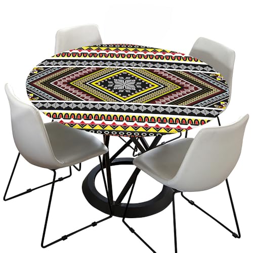 Hixingo Bohemian Druck Elastisch Tischdecke, Rund Tischdecken mit Gummizug Rand, Abwaschbar Arbeitsplatte Abdeckung für Küche, Esszimmer, Schlafzimmer (Ethnischer Stil A,110cm) von Hixingo