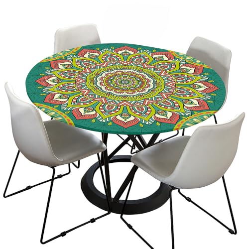 Hixingo Bohemian Druck Elastisch Tischdecke, Rund Tischdecken mit Gummizug Rand, Abwaschbar Arbeitsplatte Abdeckung für Küche, Esszimmer, Schlafzimmer (Ethnischer Stil B,110cm) von Hixingo