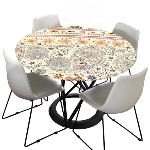 Hixingo Bohemian Druck Elastisch Tischdecke, Rund Tischdecken mit Gummizug Rand, Abwaschbar Arbeitsplatte Abdeckung für Küche, Esszimmer, Schlafzimmer (Ethnischer Stil C,100cm) von Hixingo