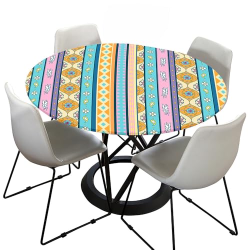 Hixingo Bohemian Druck Elastisch Tischdecke, Rund Tischdecken mit Gummizug Rand, Abwaschbar Arbeitsplatte Abdeckung für Küche, Esszimmer, Schlafzimmer (Ethnischer Stil D,110cm) von Hixingo