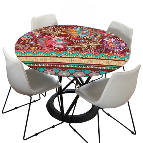 Hixingo Bohemian Druck Elastisch Tischdecke, Rund Tischdecken mit Gummizug Rand, Abwaschbar Arbeitsplatte Abdeckung für Küche, Esszimmer, Schlafzimmer (Ethnischer Stil E,130cm) von Hixingo