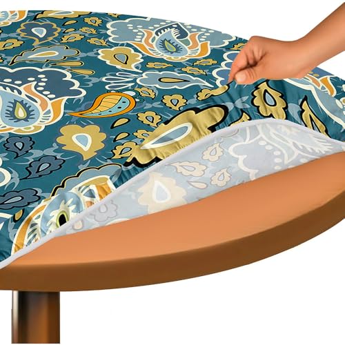 Hixingo Bohemian Druck Elastisch Tischdecke, Rund Tischdecken mit Gummizug Rand, Abwaschbar Arbeitsplatte Abdeckung für Küche, Esszimmer, Schlafzimmer (Retro-Stil 2,100cm) von Hixingo