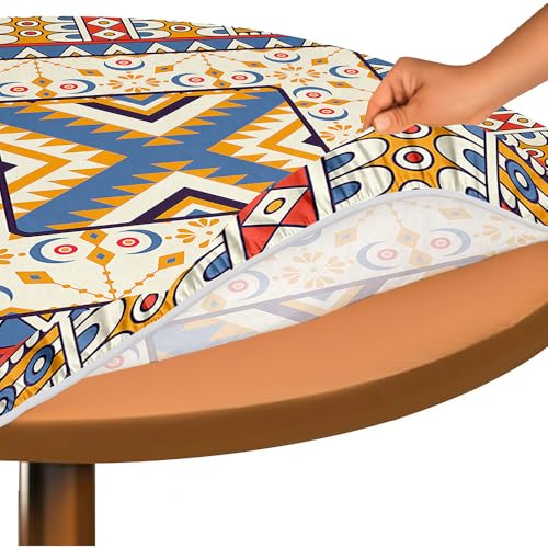 Hixingo Bohemian Druck Elastisch Tischdecke, Rund Tischdecken mit Gummizug Rand, Abwaschbar Arbeitsplatte Abdeckung für Küche, Esszimmer, Schlafzimmer (Retro-Stil 4,120cm) von Hixingo