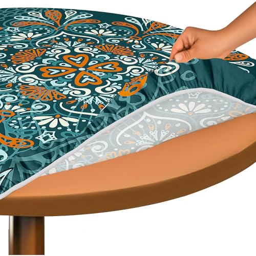 Hixingo Bohemian Druck Elastisch Tischdecke, Rund Tischdecken mit Gummizug Rand, Abwaschbar Arbeitsplatte Abdeckung für Küche, Esszimmer, Schlafzimmer (Retro-Stil 5,130cm) von Hixingo