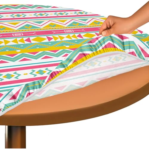 Hixingo Bohemian Druck Elastisch Tischdecke, Rund Tischdecken mit Gummizug Rand, Abwaschbar Arbeitsplatte Abdeckung für Küche, Esszimmer, Schlafzimmer (Retro-Stil 6,110cm) von Hixingo