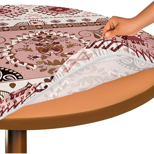 Hixingo Bohemian Druck Elastisch Tischdecke, Rund Tischdecken mit Gummizug Rand, Abwaschbar Arbeitsplatte Abdeckung für Küche, Esszimmer, Schlafzimmer (Retro-Stil 7,100cm) von Hixingo