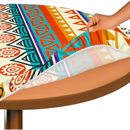 Hixingo Bohemian Druck Elastisch Tischdecke, Rund Tischdecken mit Gummizug Rand, Abwaschbar Arbeitsplatte Abdeckung für Küche, Esszimmer, Schlafzimmer (Retro-Stil 8,120cm) von Hixingo