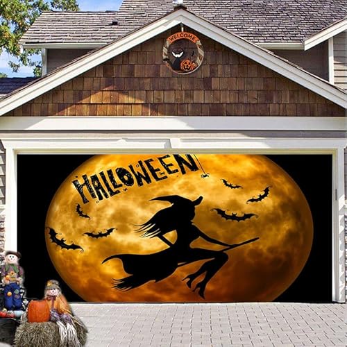 Hixingo Garagentor Banner, Tür Banner Happy Halloween Banner Poster Party Banner Hintergrund Türdeko Haustür Halloween Outdoor Deko für Dekoration Veranda Wand (Hexe,480x210cm) von Hixingo