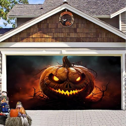 Hixingo Garagentor Banner, Tür Banner Happy Halloween Banner Poster Party Banner Hintergrund Türdeko Haustür Halloween Outdoor Deko für Dekoration Veranda Wand (Kürbis Lichter,400x180cm) von Hixingo