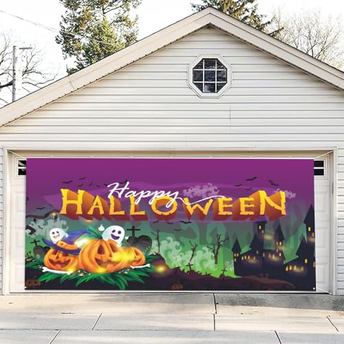 Hixingo Garagentor Banner Halloween Garagentor Abdeckung Deko mit Ösen und Seil, Große Lustiges Halloween Banner Garage Outdoor Indoor Wand Foto Hintergründe Poster (Grünes Schloss,400x180cm) von Hixingo