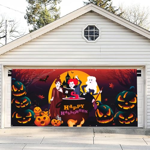 Hixingo Garagentor Banner Halloween Garagentor Abdeckung Deko mit Ösen und Seil, Große Lustiges Halloween Banner Garage Outdoor Indoor Wand Foto Hintergründe Poster (Hexe,400x180cm) von Hixingo