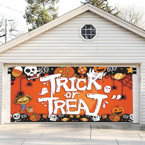 Hixingo Garagentor Banner Halloween Garagentor Abdeckung Deko mit Ösen und Seil, Große Lustiges Halloween Banner Garage Outdoor Indoor Wand Foto Hintergründe Poster (Süßes Oder Saures,400x180cm) von Hixingo