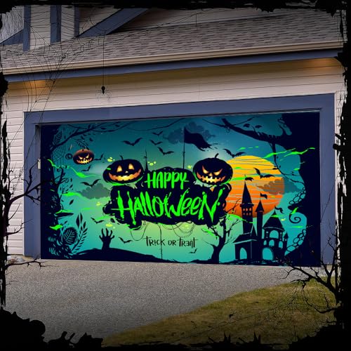 Hixingo Garagentor Banner Halloween Tür Banner mit Ösen und Seil, 3D Gruseliger Kürbis Grab Halloween Party Banner Poster Foto-Hintergrund für Haustür Wand Garage Türdeko (Farbe D,240x210cm) von Hixingo