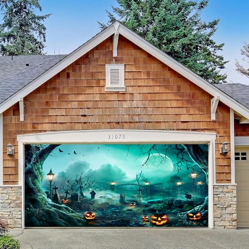 Hixingo Garagentor Banner Halloween Tür Banner mit Ösen und Seil, 3D Gruseliger Kürbis Grab Halloween Party Banner Poster Foto-Hintergrund für Haustür Wand Garage Türdeko (Farbe E,240x210cm) von Hixingo