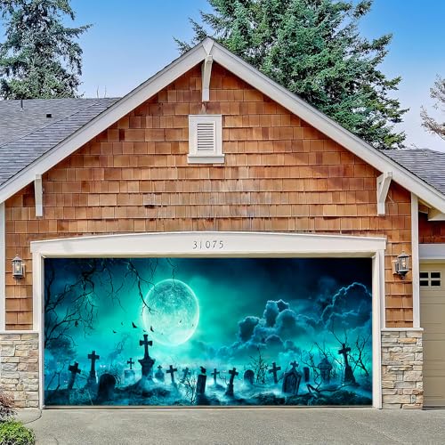 Hixingo Garagentor Banner Halloween Tür Banner mit Ösen und Seil, 3D Gruseliger Kürbis Grab Halloween Party Banner Poster Foto-Hintergrund für Haustür Wand Garage Türdeko (Farbe F,240x210cm) von Hixingo