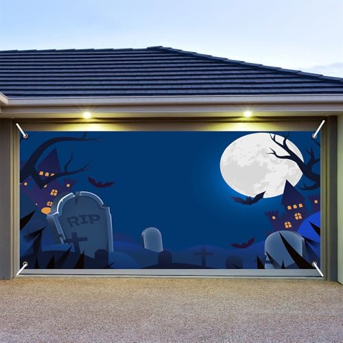 Hixingo Garagentor Banner Tür Banner, Halloween Banner Poster Party Banner Hintergrund Türdeko Haustür Halloween Outdoor Deko für Veranda Wand (Halloween-Nacht,480x210cm) von Hixingo