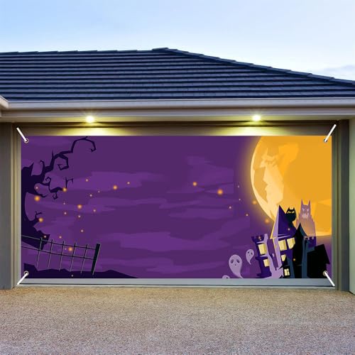 Hixingo Garagentor Banner Tür Banner, Halloween Banner Poster Party Banner Hintergrund Türdeko Haustür Halloween Outdoor Deko für Veranda Wand (Lila Halloween,480x210cm) von Hixingo