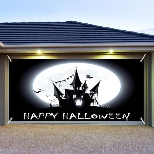 Hixingo Garagentor Banner Tür Banner, Halloween Banner Poster Party Banner Hintergrund Türdeko Haustür Halloween Outdoor Deko für Veranda Wand (Schloss im Mondschein,200x150cm) von Hixingo