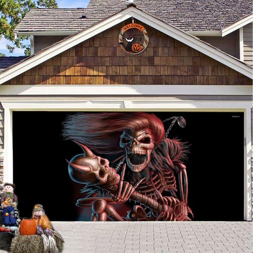 Hixingo Garagentor Banner Tür Banner, Halloween Menschliches Skelett Banner Poster Party Banner Hintergrund Türdeko Haustür Halloween Outdoor Deko für Veranda/Wand (240x210cm,Rot) von Hixingo