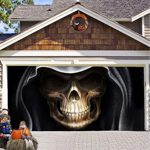 Hixingo Garagentor Banner Tür Banner, Halloween Menschliches Skelett Banner Poster Party Banner Hintergrund Türdeko Haustür Halloween Outdoor Deko für Veranda/Wand (400x180cm,Schwarz) von Hixingo