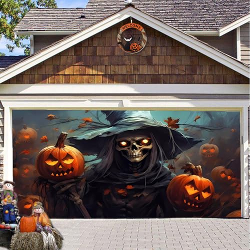 Hixingo Garagentor Banner Tür Banner, Halloween Menschliches Skelett Banner Poster Party Banner Hintergrund Türdeko Haustür Halloween Outdoor Deko für Veranda/Wand (480x210cm,Grau) von Hixingo