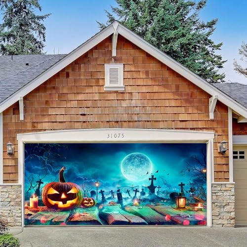 Hixingo Garagentor Banner Tür Banner, Happy Halloween Banner Poster Party Banner Hintergrund Türdeko Haustür Halloween Outdoor Deko für Dekoration Veranda (Mondkürbis,170x75cm) von Hixingo