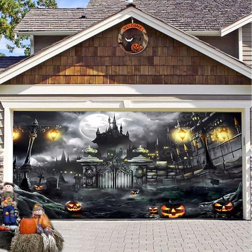 Hixingo Garagentor Banner Tür Banner, Happy Halloween Kürbis Banner Poster Party Banner Hintergrund Türdeko Haustür Halloween Outdoor Deko für Veranda Wand (Dunkles Schloss,200x150cm) von Hixingo