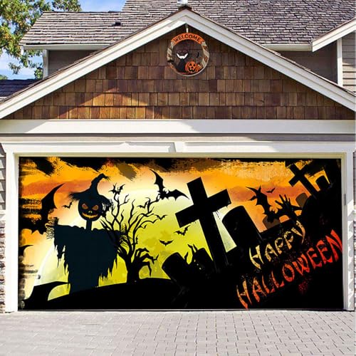 Hixingo Garagentor Banner Tür Banner, Happy Halloween Kürbis Banner Poster Party Banner Hintergrund Türdeko Haustür Halloween Outdoor Deko für Veranda Wand (Gruseliger Friedhof,200x150cm) von Hixingo