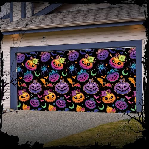 Hixingo Garagentor Banner Tür Banner Halloween Banner Poster Party Banner Hintergrund Türdeko Haustür Halloween Outdoor Deko für Dekoration Veranda (Bunte-Kürbisse,230x100cm) von Hixingo