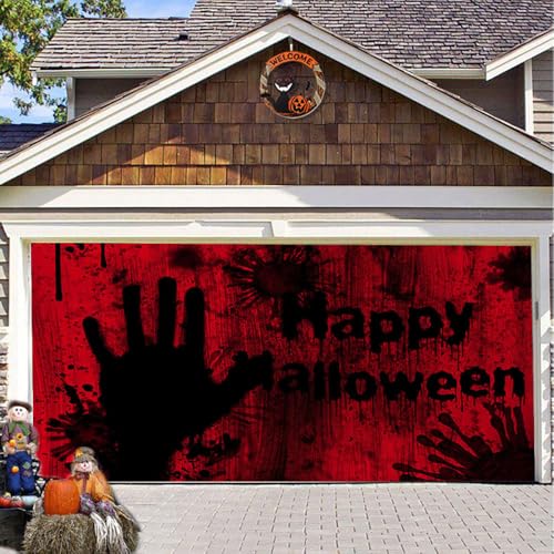 Hixingo Garagentor Banner Tür Banner Happy Halloween Banner Poster Party Banner Hintergrund Türdeko Haustür Halloween Outdoor Deko für Dekoration Veranda Wand (Blutige Hand,240x210cm) von Hixingo