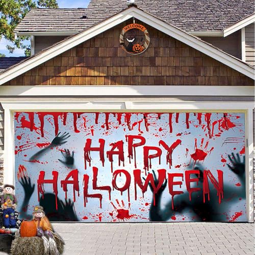 Hixingo Garagentor Banner Tür Banner Happy Halloween Banner Poster Party Banner Hintergrund Türdeko Haustür Halloween Outdoor Deko für Dekoration Veranda Wand (Halloween,240x210cm) von Hixingo