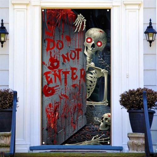 Hixingo Halloween Deko Banner für Tür, Blutig Beängstigend Skeleton Drucken Halloween Türdeko Banner aus Stoff für Eingang Veranda Poster Hintergrund Halloween Party Dekoration (90x180cm) von Hixingo