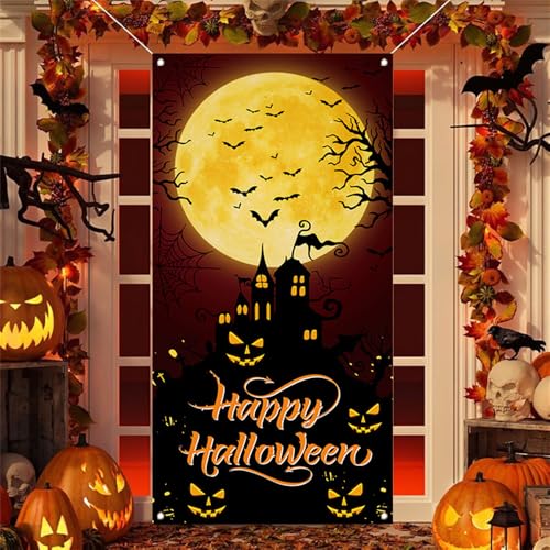 Hixingo Halloween Deko Banner für Tür, Horror Mond Schloss Halloween Tür Banner Stoff Halloween Party Türdeko Banner Poster Hintergrund für Eingang Veranda Halloween Dekoration (90x180cm) von Hixingo