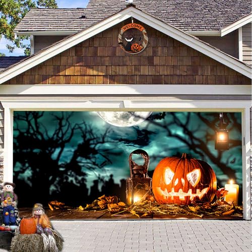 Hixingo Halloween Garagentor Banner Neuheit Tür Banner, Banner Poster Party Banner Hintergrund Türdeko Haustür Outdoor Deko für Dekoration Veranda (Gruseliger Kürbis,480x210cm) von Hixingo