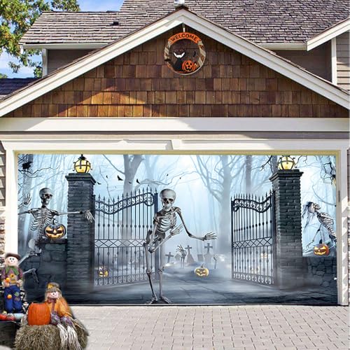 Hixingo Halloween Garagentor Banner Neuheit Tür Banner, Banner Poster Party Banner Hintergrund Türdeko Haustür Outdoor Deko für Dekoration Veranda (Skelett Willkommen,200x150cm) von Hixingo