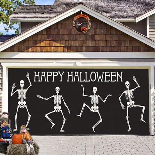 Hixingo Halloween Garagentor Banner Neuheit Tür Banner, Banner Poster Party Banner Hintergrund Türdeko Haustür Outdoor Deko für Dekoration Veranda (Tanzendes Skelett,480x210cm) von Hixingo