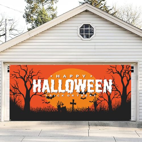 Hixingo Halloween Garagentor Banner Tür Banner, Banner Poster Party Banner Hintergrund Türdeko Haustür Halloween Outdoor Deko für Veranda Wand (Orange,180x400cm) von Hixingo