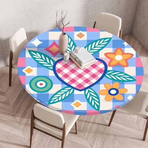 Hixingo Rund Karierte Blume Tischdecke mit Elastik, Wasserdicht Gartentischdecke Antifouling Tischdecken Polyester Tischtuch Tisch Schutz für Küche Garten (100CM,Blau Pink Kariert) von Hixingo