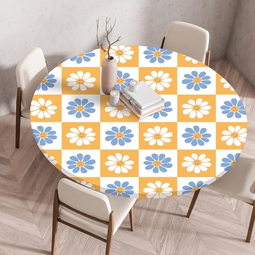 Hixingo Rund Karierte Blume Tischdecke mit Elastik, Wasserdicht Gartentischdecke Antifouling Tischdecken Polyester Tischtuch Tisch Schutz für Küche Garten (100CM,Weiß Gelb Kariert) von Hixingo