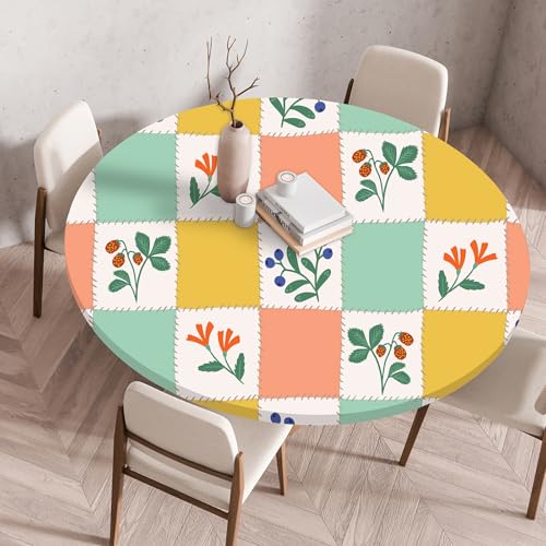 Hixingo Rund Karierte Blume Tischdecke mit Elastik, Wasserdicht Gartentischdecke Antifouling Tischdecken Polyester Tischtuch Tisch Schutz für Küche Garten (120CM,Patchwork) von Hixingo