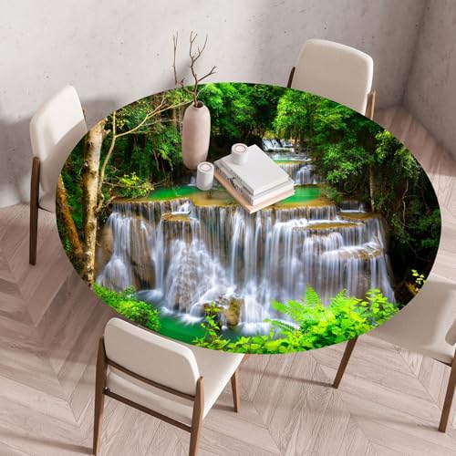 Hixingo Rund Landschaftsdruck Tischdecke mit Elastik, Wasserdicht Gartentischdecke Antifouling Tischdecken Polyester Tischtuch Tisch Schutz für Küche Garten (Wasserfall A,60CM) von Hixingo