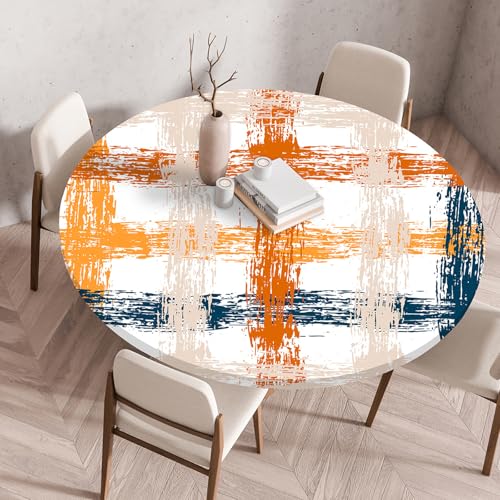 Hixingo Rund Streifen Druck Tischdecke mit Elastik, Wasserdicht Gartentischdecke Antifouling Tischdecken Polyester Tischtuch Tisch Schutz für Küche Garten (Blau Orange,130CM) von Hixingo