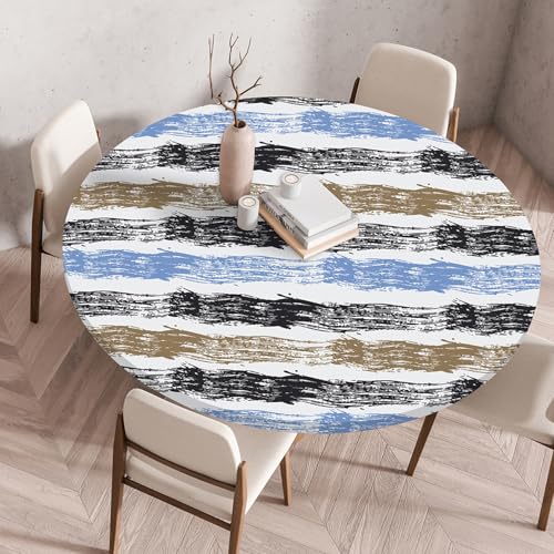 Hixingo Rund Streifen Druck Tischdecke mit Elastik, Wasserdicht Gartentischdecke Antifouling Tischdecken Polyester Tischtuch Tisch Schutz für Küche Garten (Cafe blau,60CM) von Hixingo