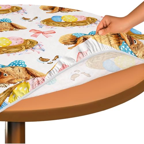 Hixingo Rund Tischdecke 3D Ostern Tischdecke, Elastisch Tischdecken Mit Gummizug Rand Abwaschbar Indoor Tischtuch für Frühling, Ostern Party (160cm,Eiernest) von Hixingo