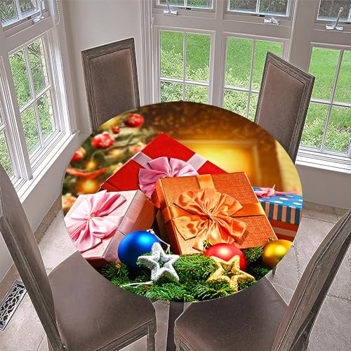 Hixingo Rund Tischdecke 3D Weihnachts Tischdecke, Elastisch Tischdecken Mit Gummizug Rand Abwaschbar Indoor Tischtuch für Weihnachtsfeier, Neujahrsessen, Durchmesser 110cm von Hixingo